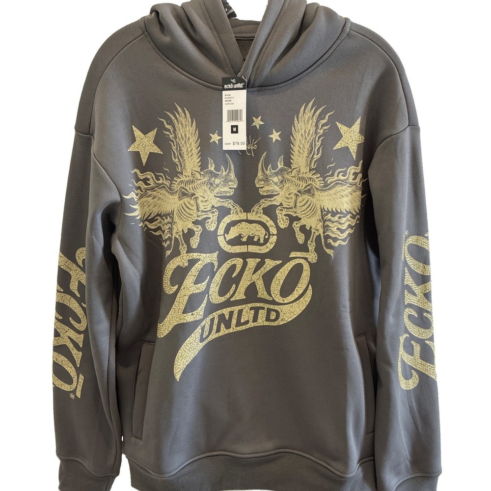 Ecko Unltd~Men's Pullover Hoodie Sweatshirt~Gray Graphic Logo Print Sz M NWT